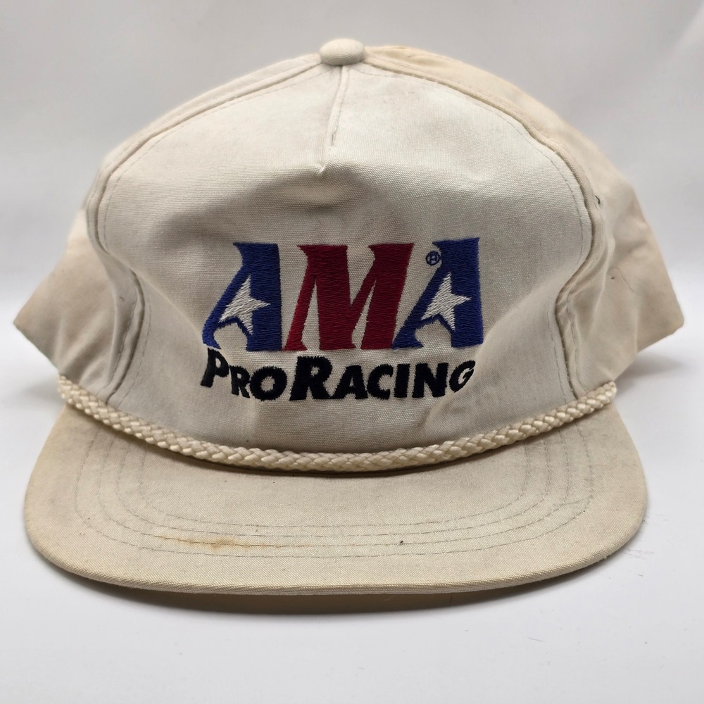 Vintage AMA Pro Racing Snapback Hat Yupoong Rope Trucker Cap Cream Motorcycle